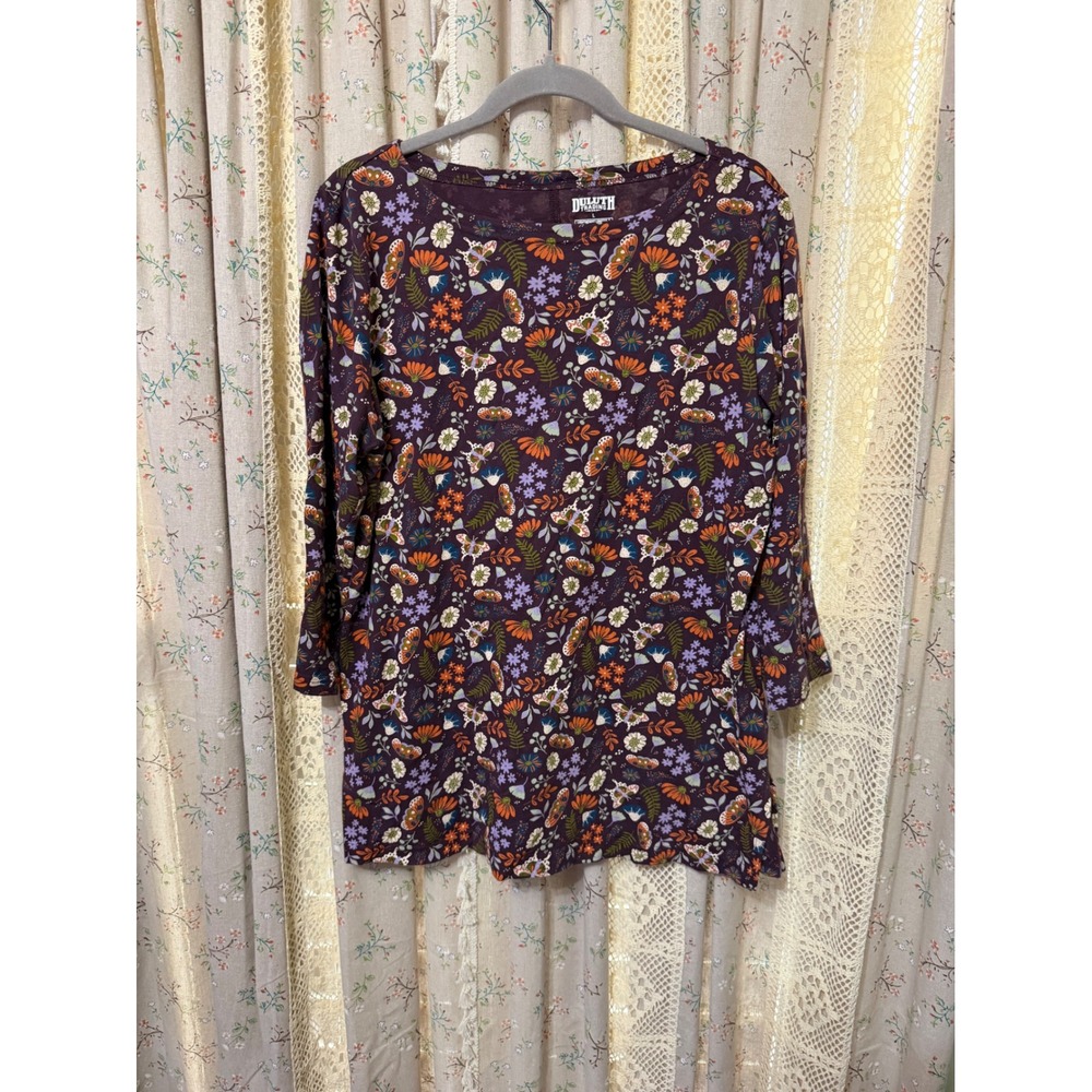 Duluth Trading Longtail T Shirt Womens L Purple Floral Moth Cotton Tunic